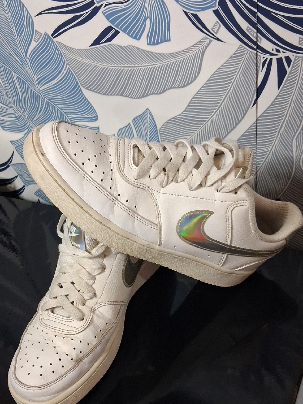 Nike White Sneakers with Iridescent Swoosh